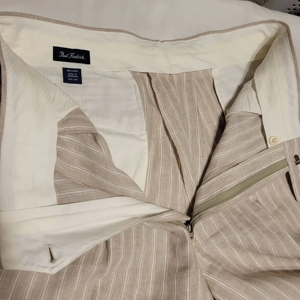 Paul Frederick Men's 100% L inen Beige w/White Vertical Stripes Dress Pants 37W